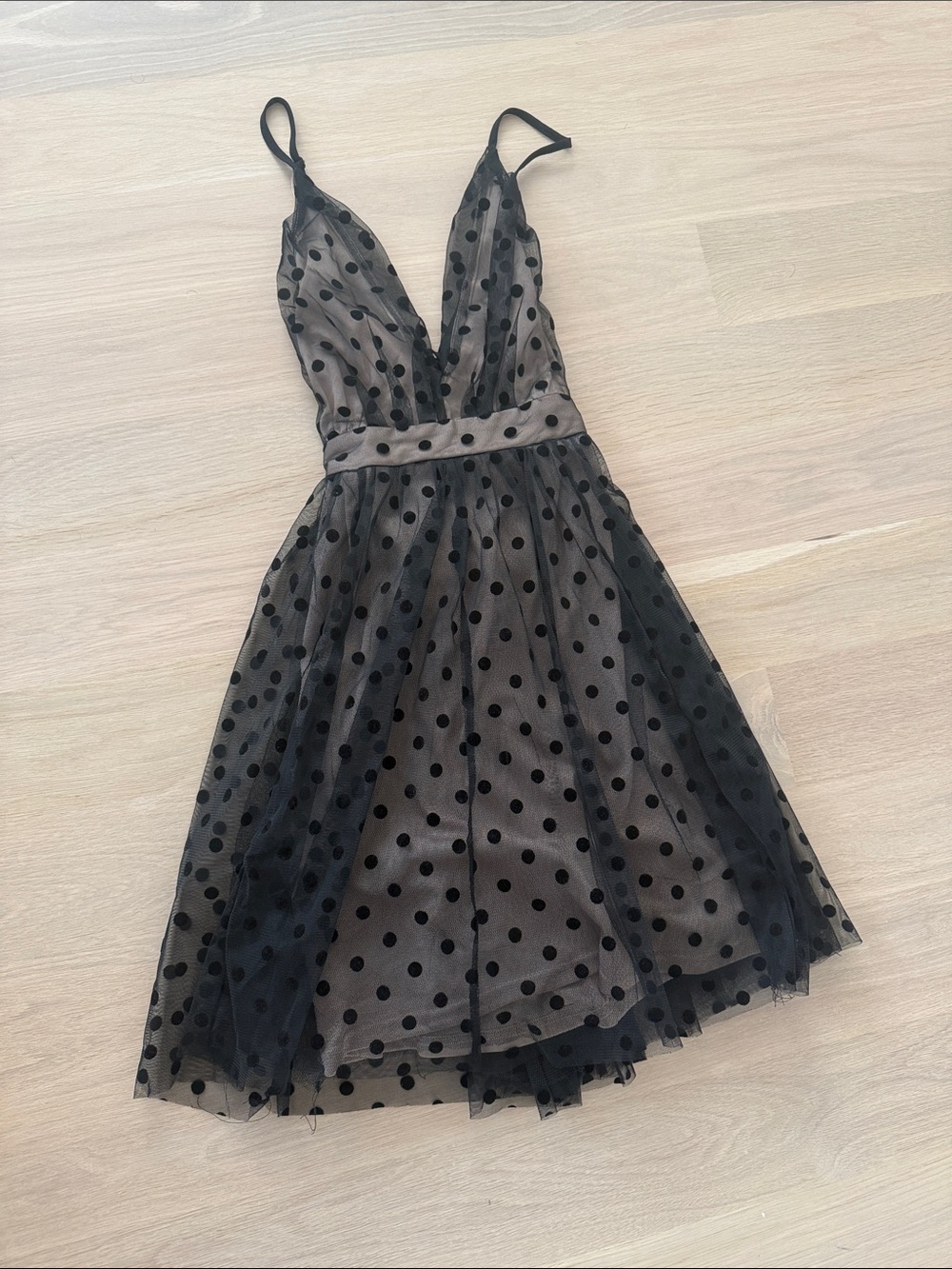 Black Polka Dot Mesh Midi Dress with Deep V-Neck